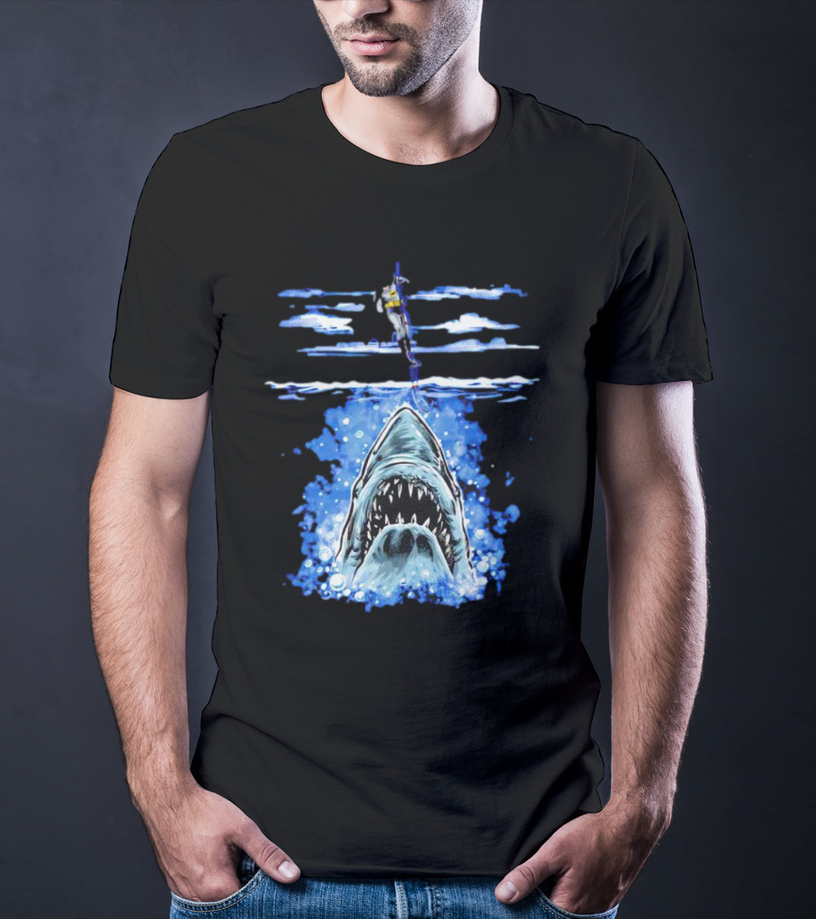 Jaws Batman Shark Repellent Hanging Above Menacing Shark T-Shirt