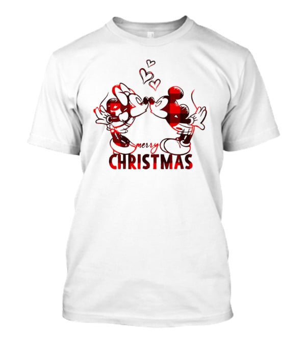 Mickey Minnie Kissing Merry Christmas Hearts Red Plaid T-Shirt