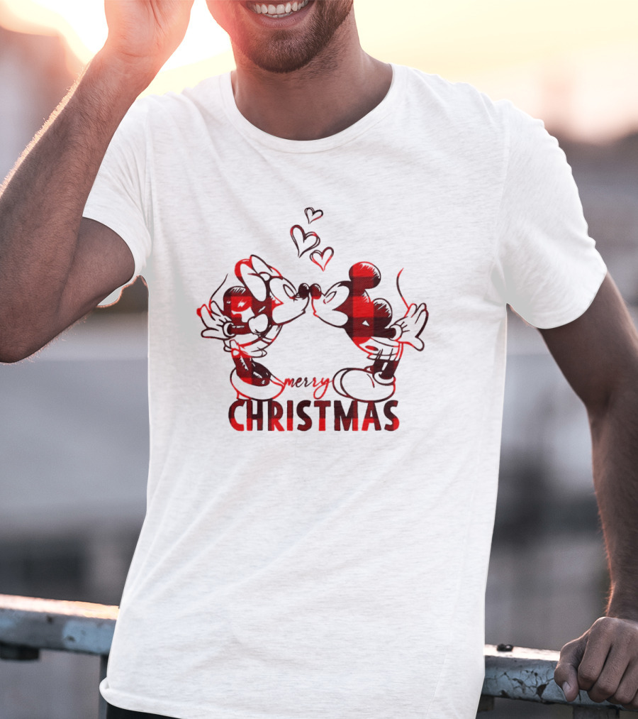 Mickey Minnie Kissing Merry Christmas Hearts Red Plaid T-Shirt