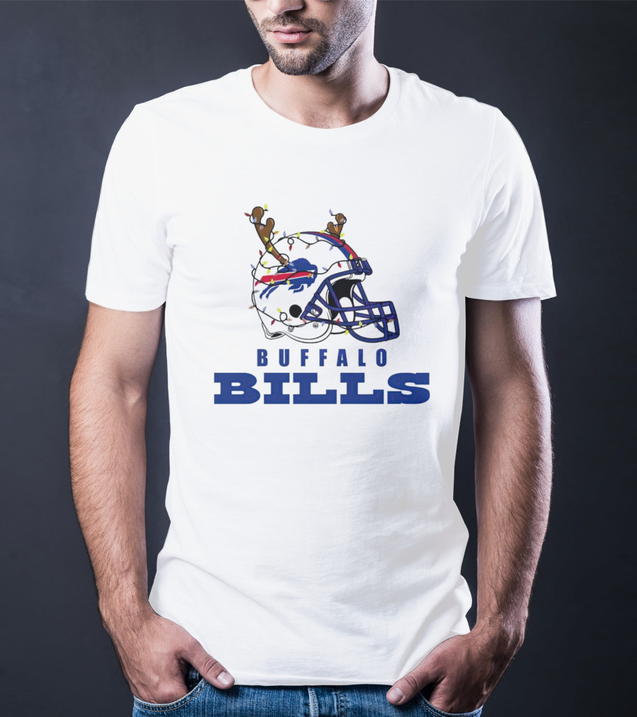 Buffalo Bills Helmet With Deer Antlers And Christmas Lights T-Shirt