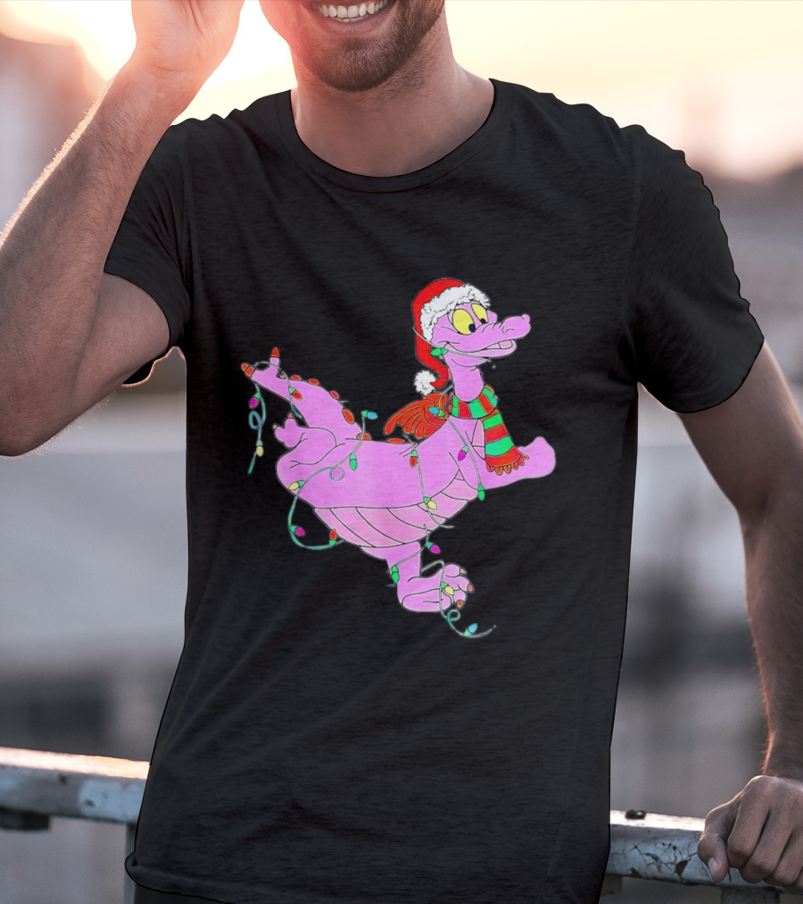 Dragon Figment In Santa Hat Wrapped In Christmas Lights T-Shirt