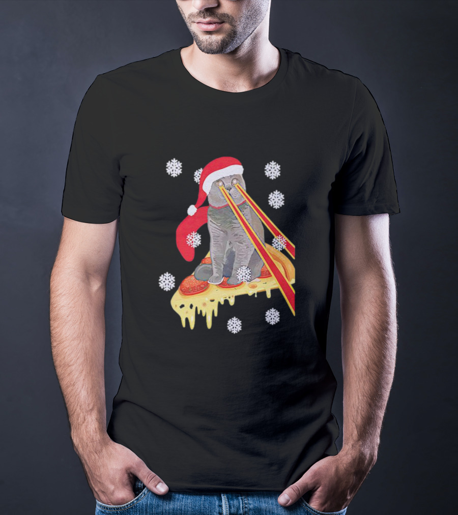 Santa Cat With Laser Eyes On Cheesy Pizza Snowflakes T-Shirt