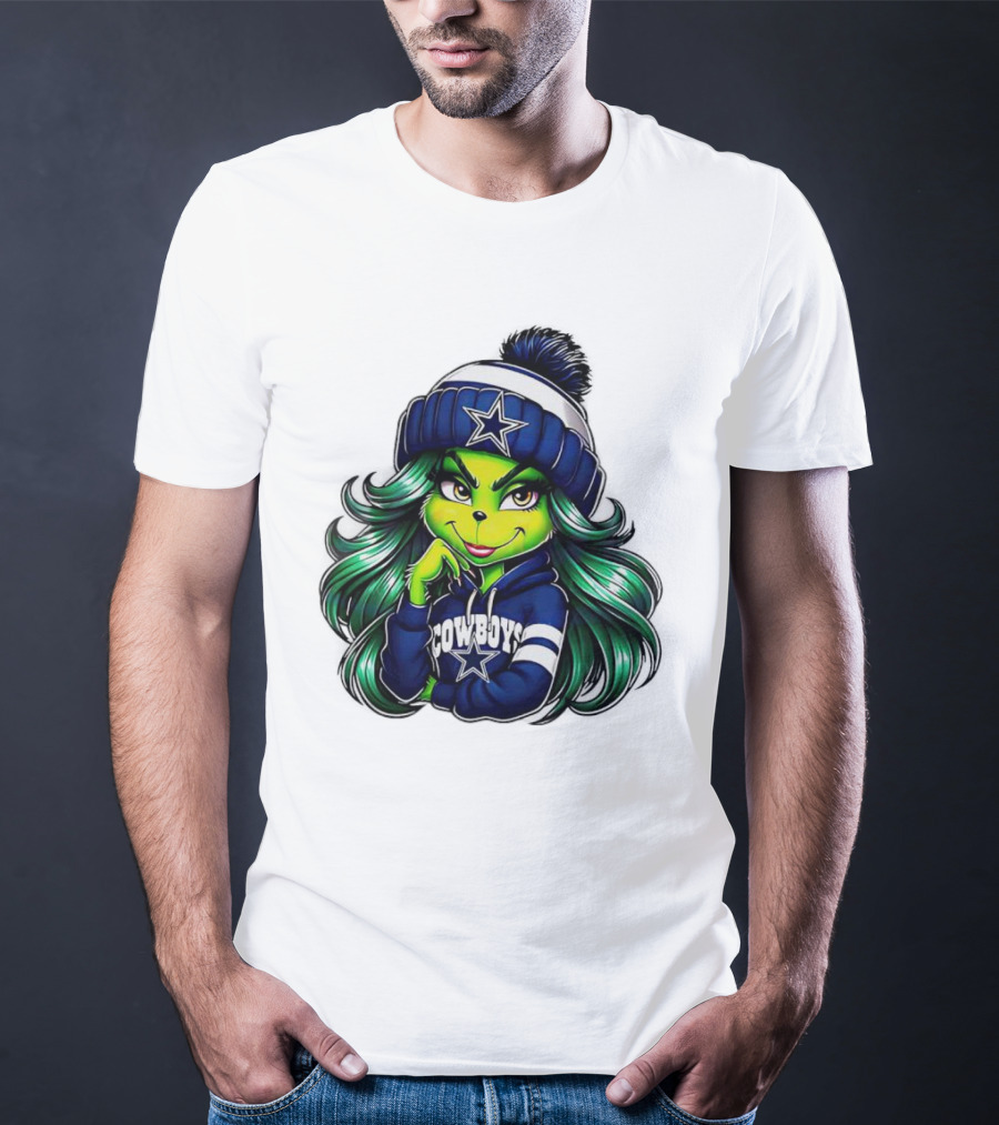 Grinch Girl In Dallas Cowboys Hat And Hoodie With Star T-Shirt