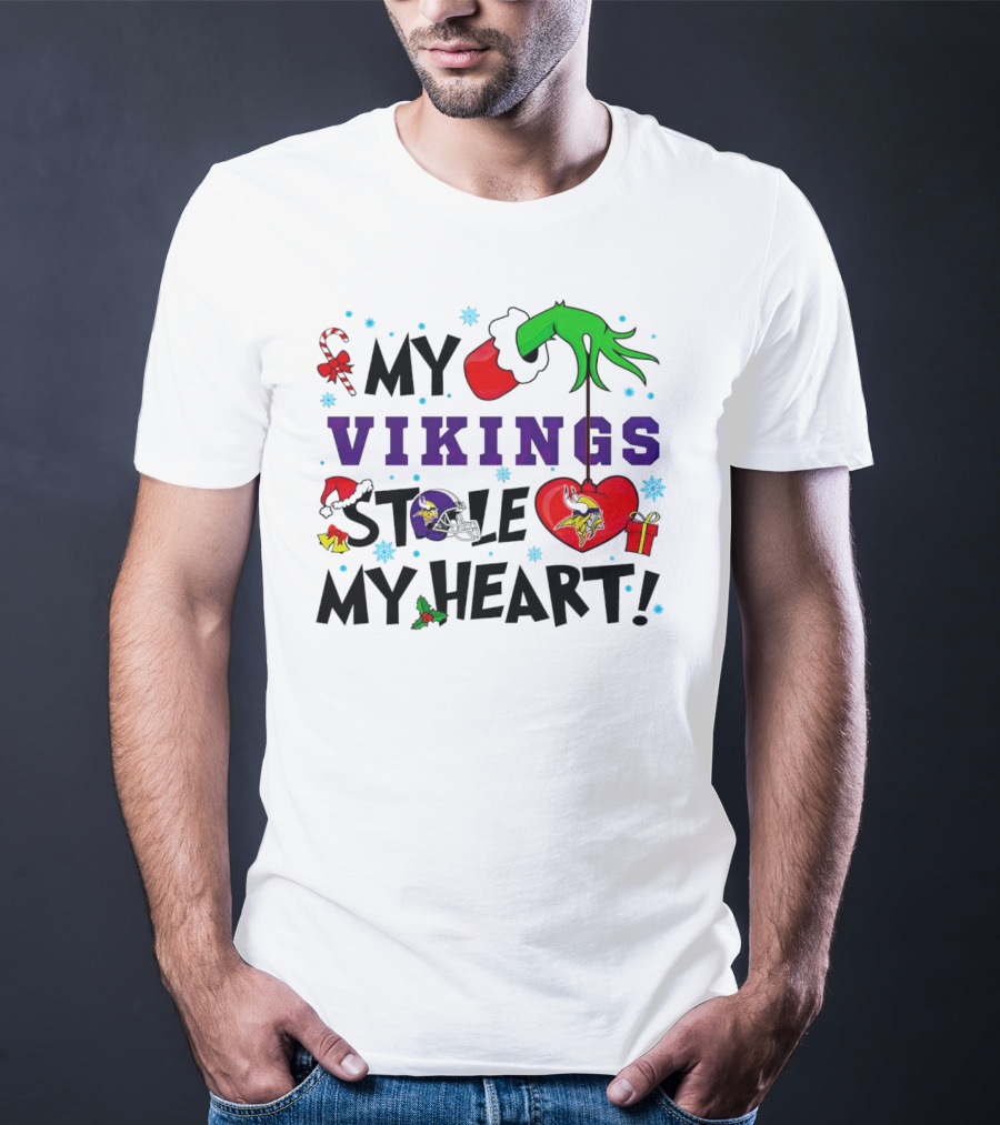 Grinch Hand Holding Heart My Vikings Stole My Heart Christmas T-Shirt