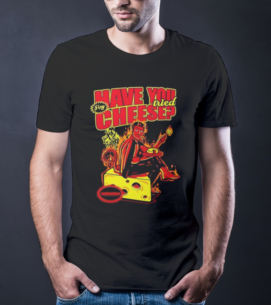 Hey Have You Tried Cheese Devil Sitting On Cheese Block Flame Background Punkmaster Store T-Shirt