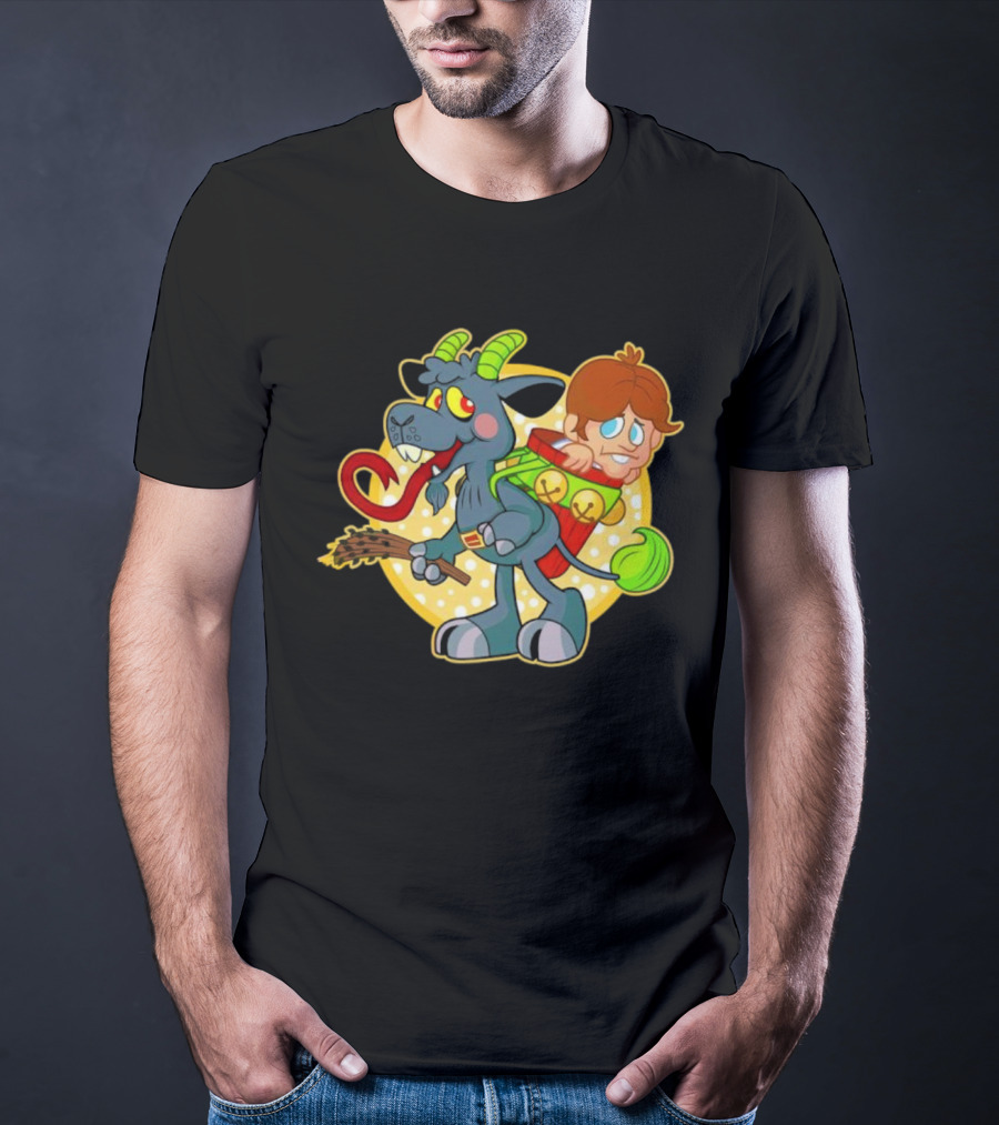 Krampus Rankin-Kramp Cartoon Goat With Red Backpack And Child T-Shirt