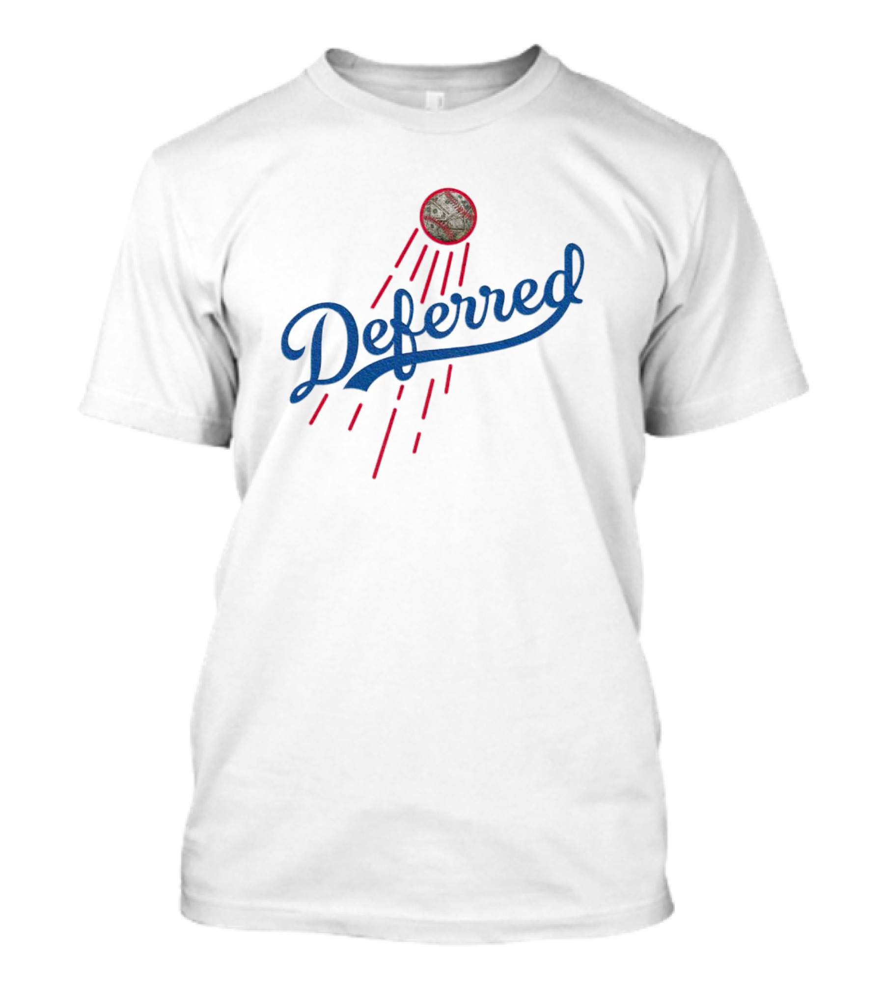 Los Angeles Dodgers Deferred Blue Script With Baseball And Red Streaks T-Shirt