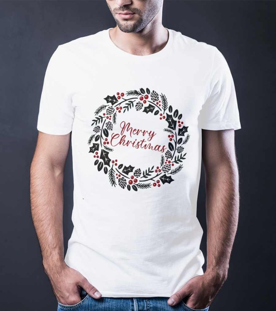 Merry Christmas Wreath With Pinecones And Holly T-Shirt