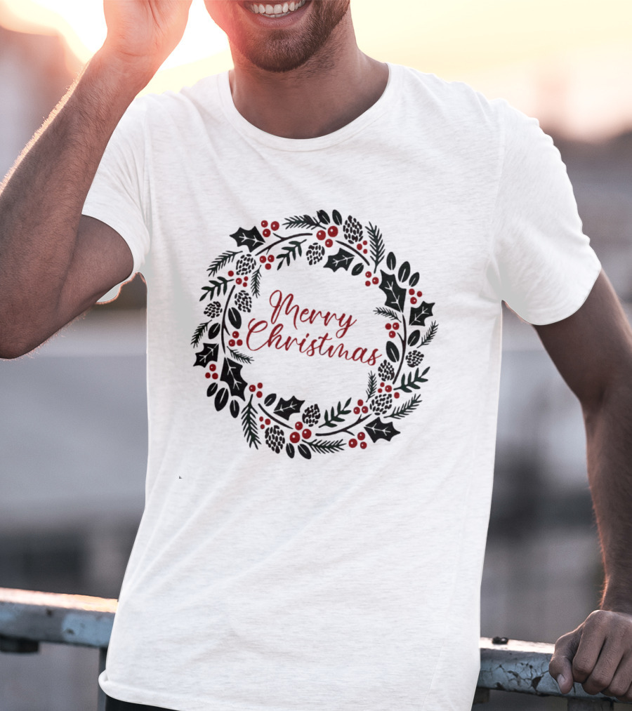 Merry Christmas Wreath With Pinecones And Holly T-Shirt