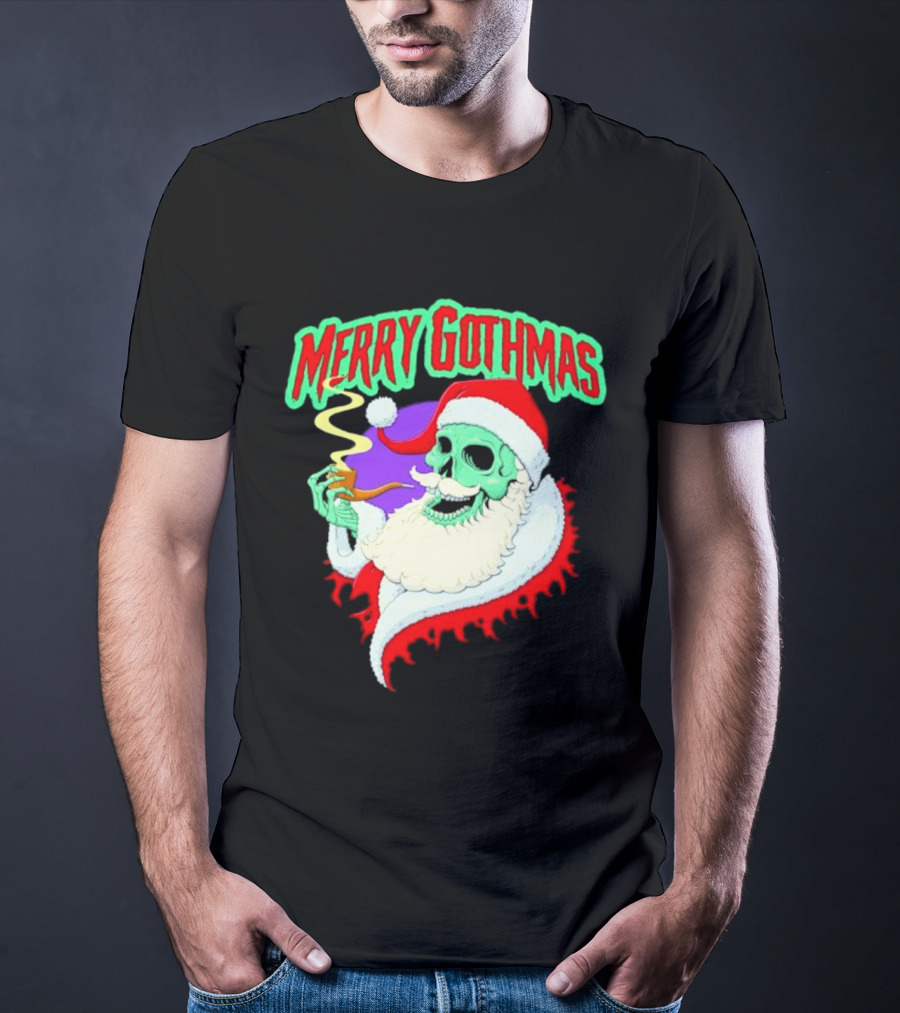 Merry Gothmas Skull Santa Smoking Holiday Greeting T-Shirt
