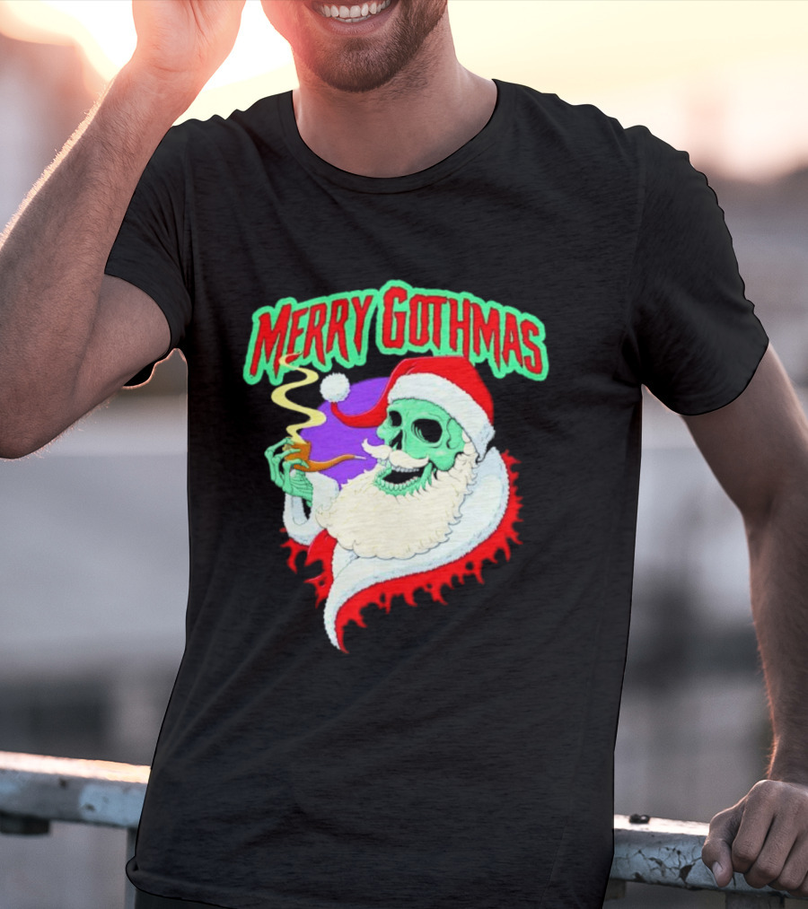 Merry Gothmas Skull Santa Smoking Holiday Greeting T-Shirt