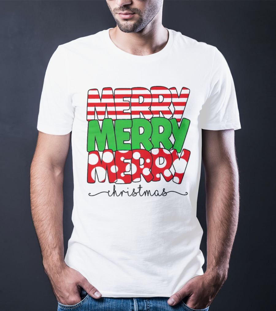 Merry Merry Merry Christmas Stripes And Polka Dots T-Shirt
