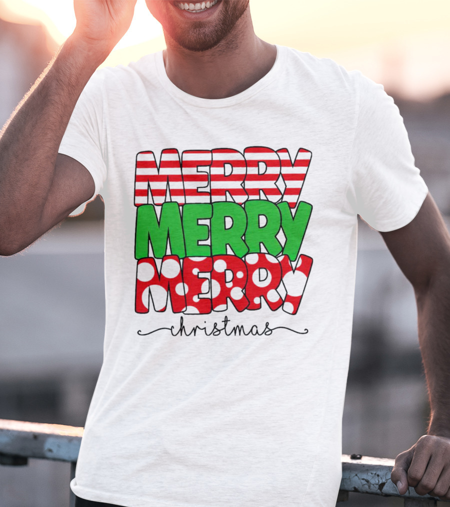 Merry Merry Merry Christmas Stripes And Polka Dots T-Shirt