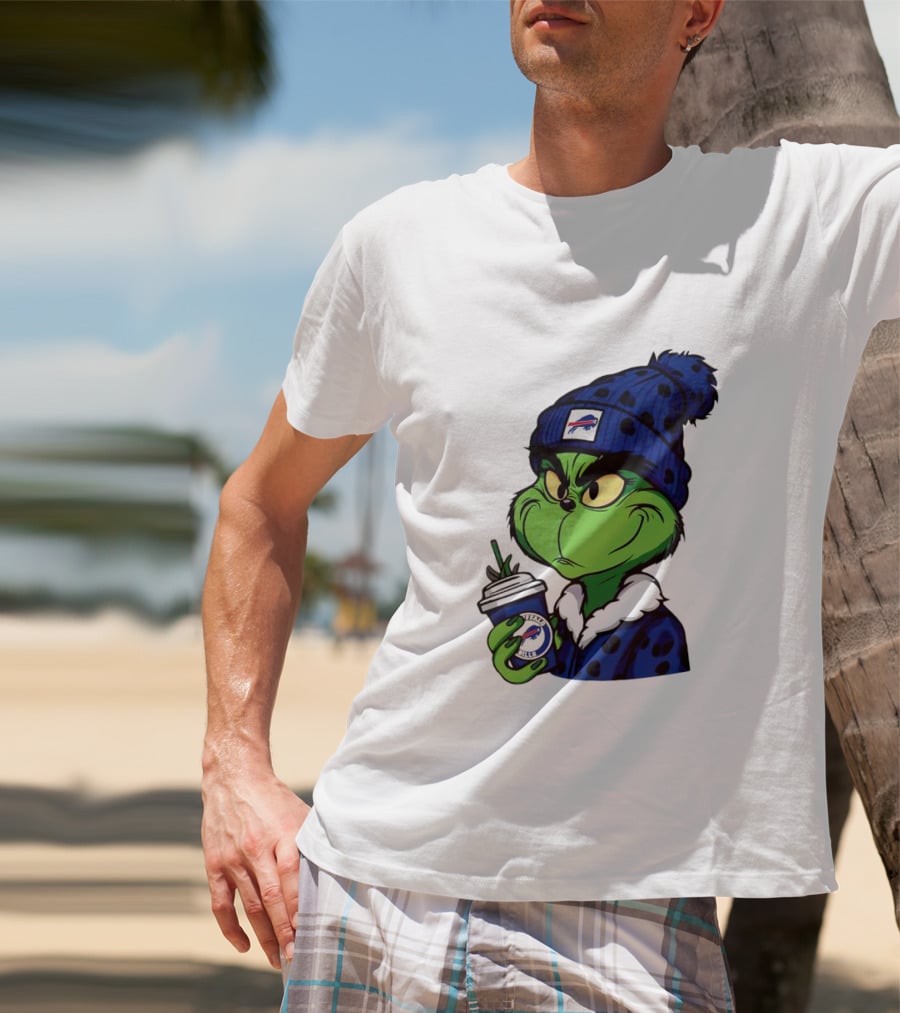 Grinch In Buffalo Bills Beanie Holding Logo Cup T-Shirt