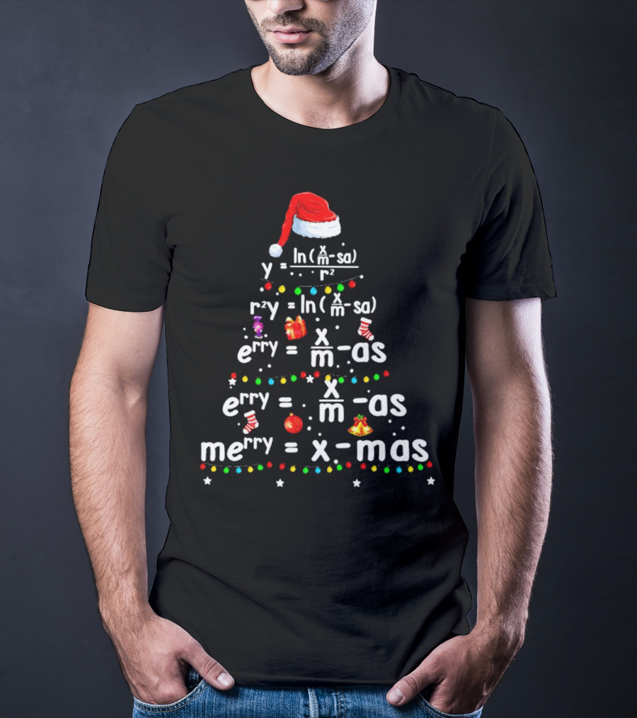 Merry Christmas Tree Math Equations In Santa Hat Form With Holiday Icons T-Shirt