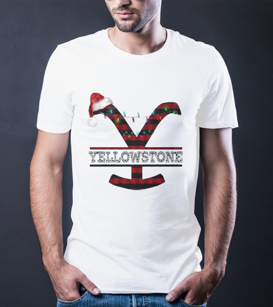 Yellowstone Christmas Santa Hat Lights Buffalo Plaid T-Shirt