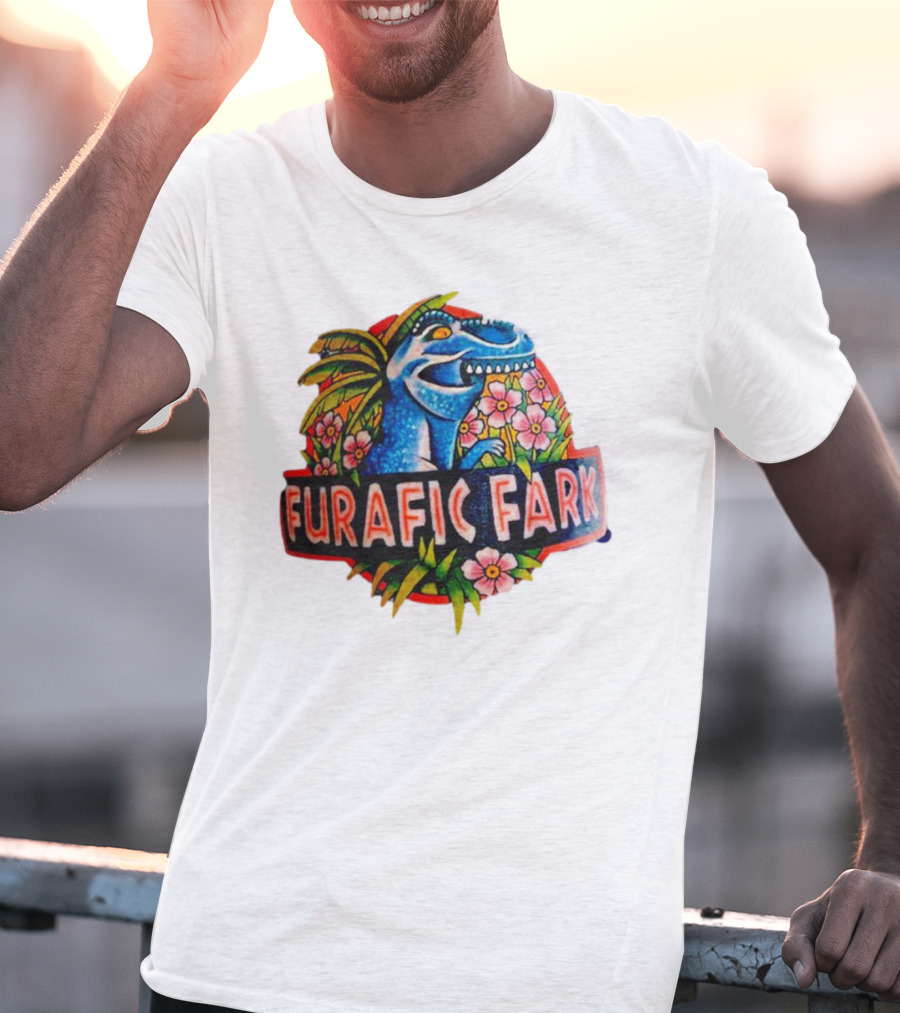 Furafic Fark Dinosaur With Tropical Flowers And Palm Leaves T-Shirt