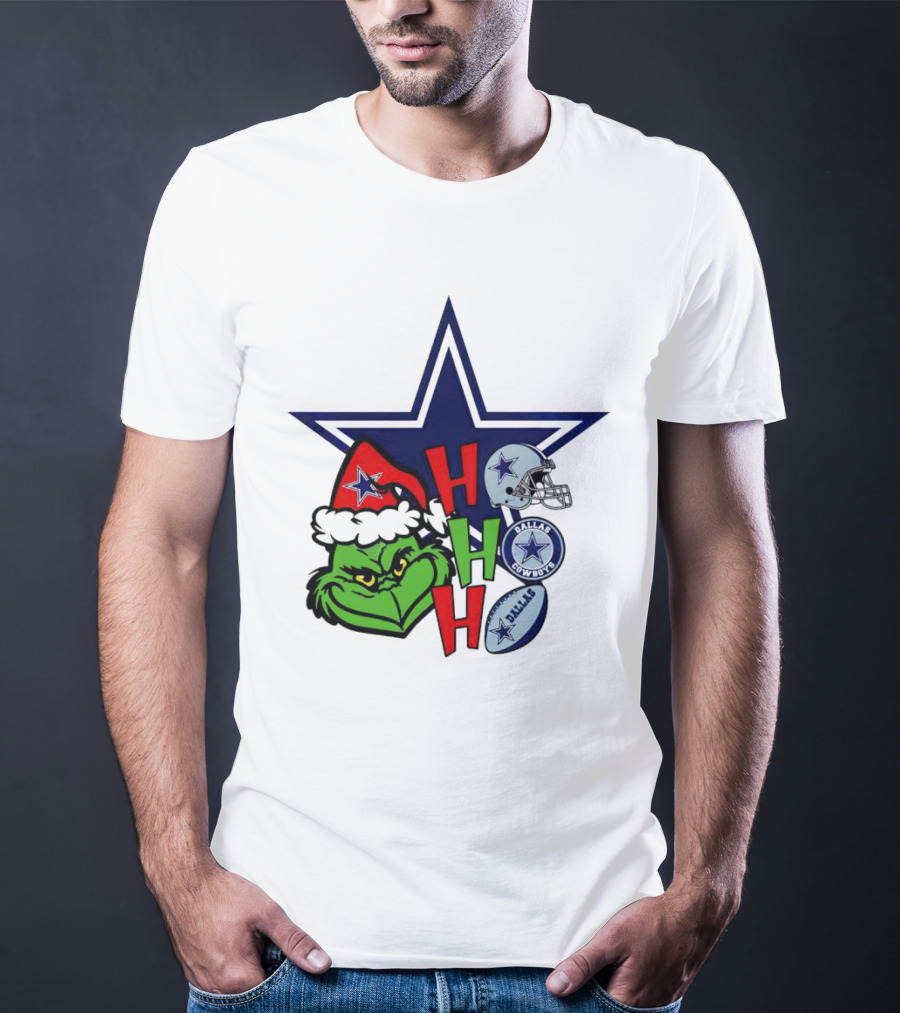 Santa Grinch Ho Ho Ho Dallas Cowboys Christmas Star Helmet T-Shirt