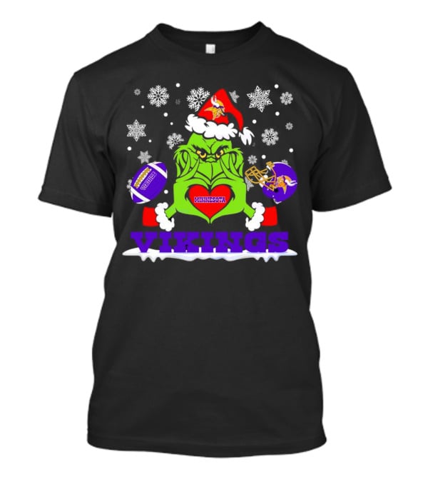 Santa Grinch Heart Minnesota Vikings Snowflakes Christmas Football Helmets T-Shirt