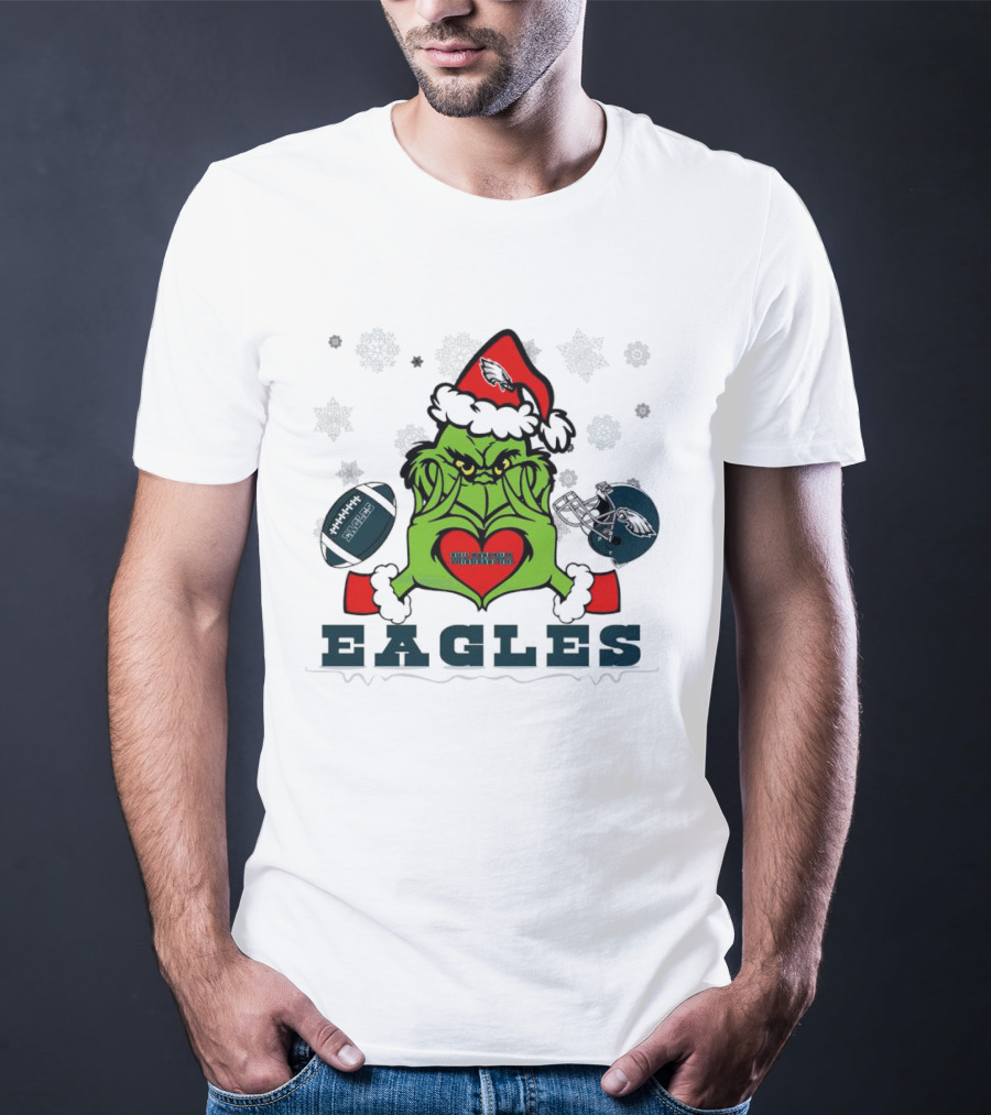 Grinch Santa Heart Philadelphia Eagles Christmas Football Helmet T-Shirt