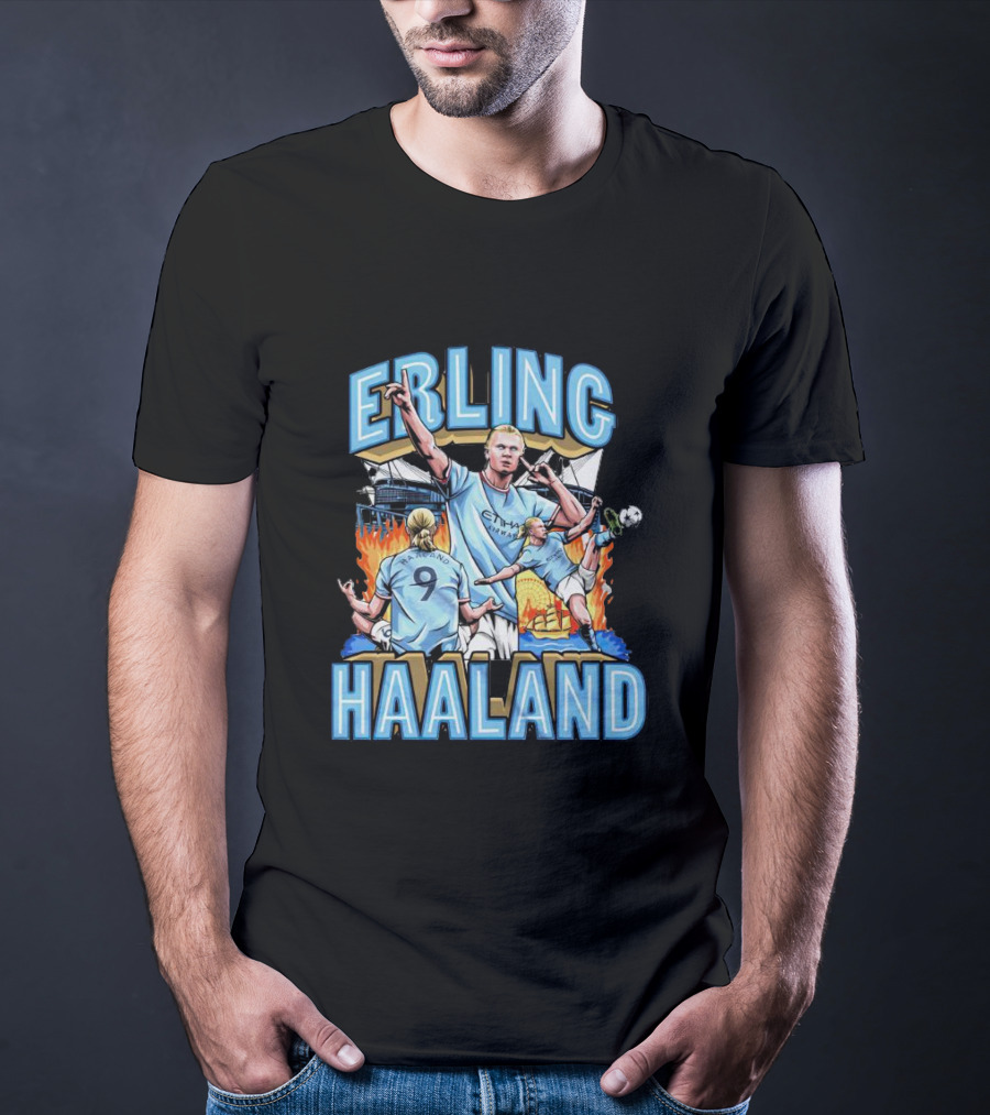 Erling Haaland MCFC Soccer Collage With Fiery Stadium Background T-Shirt