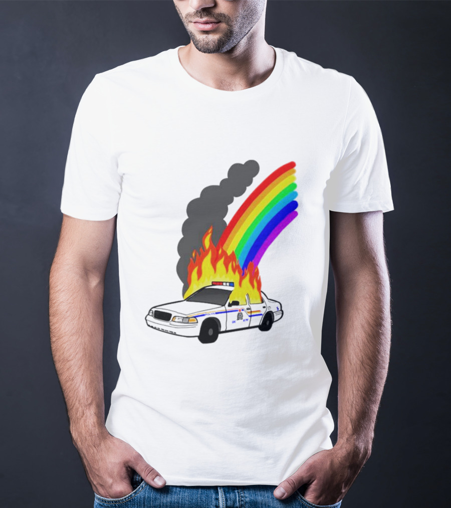 Police Car On Fire With Rainbow Flames T-Shirt