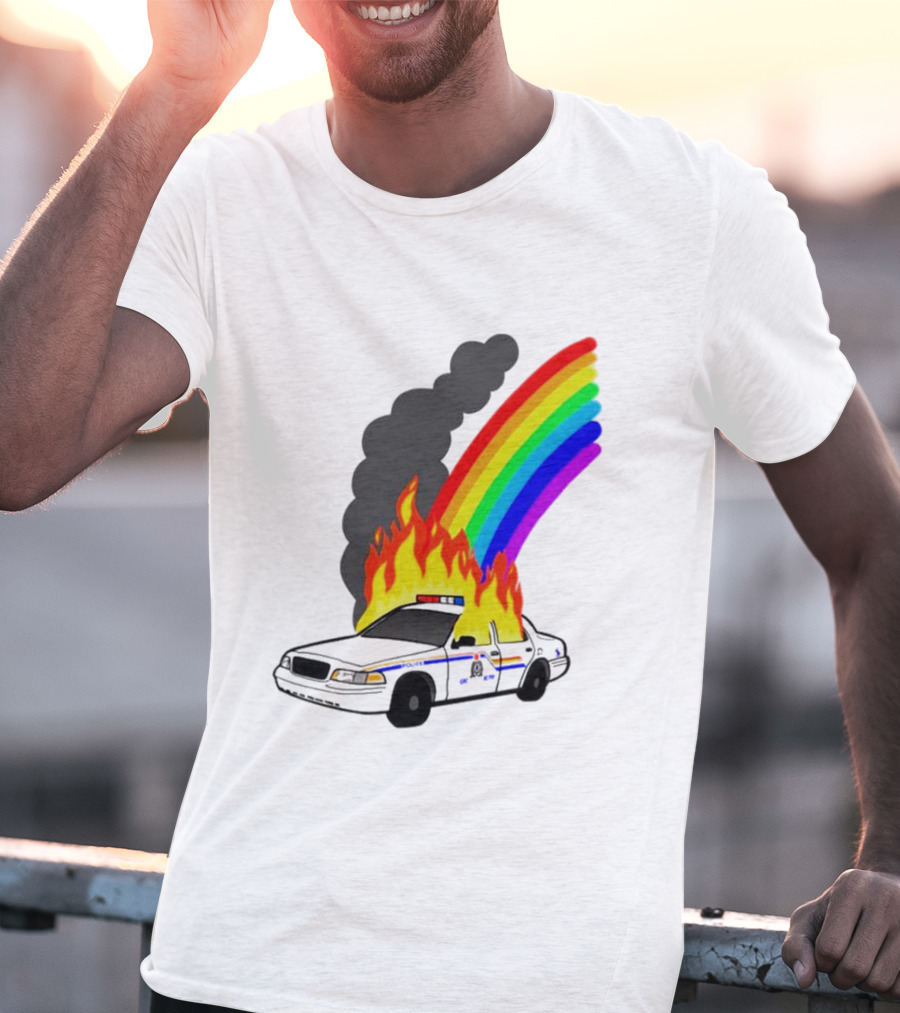 Police Car On Fire With Rainbow Flames T-Shirt