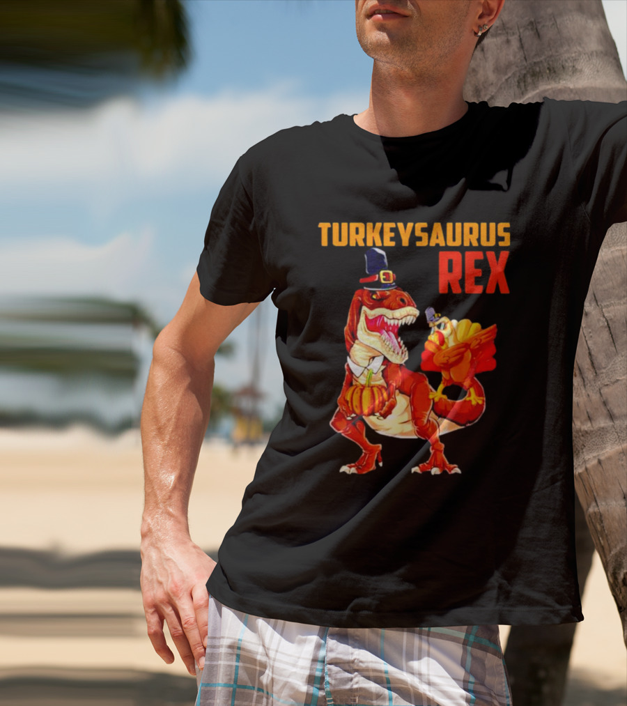 Turkeysaurus Rex Thanksgiving Dinosaur Holding Pumpkin And Turkey With Pilgrim Hat T-Shirt