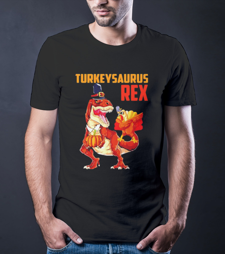 Turkeysaurus Rex Thanksgiving Dinosaur Holding Pumpkin And Turkey With Pilgrim Hat T-Shirt