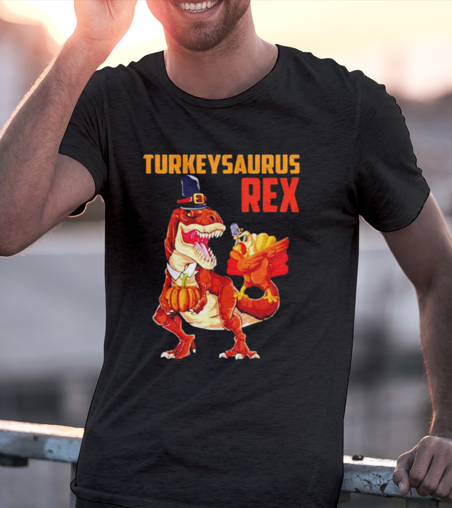 Turkeysaurus Rex Thanksgiving Dinosaur Holding Pumpkin And Turkey With Pilgrim Hat T-Shirt