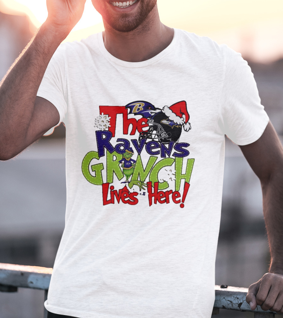 The Ravens Grinch Lives Here Christmas Ravens Logo Santa Hat T-Shirt
