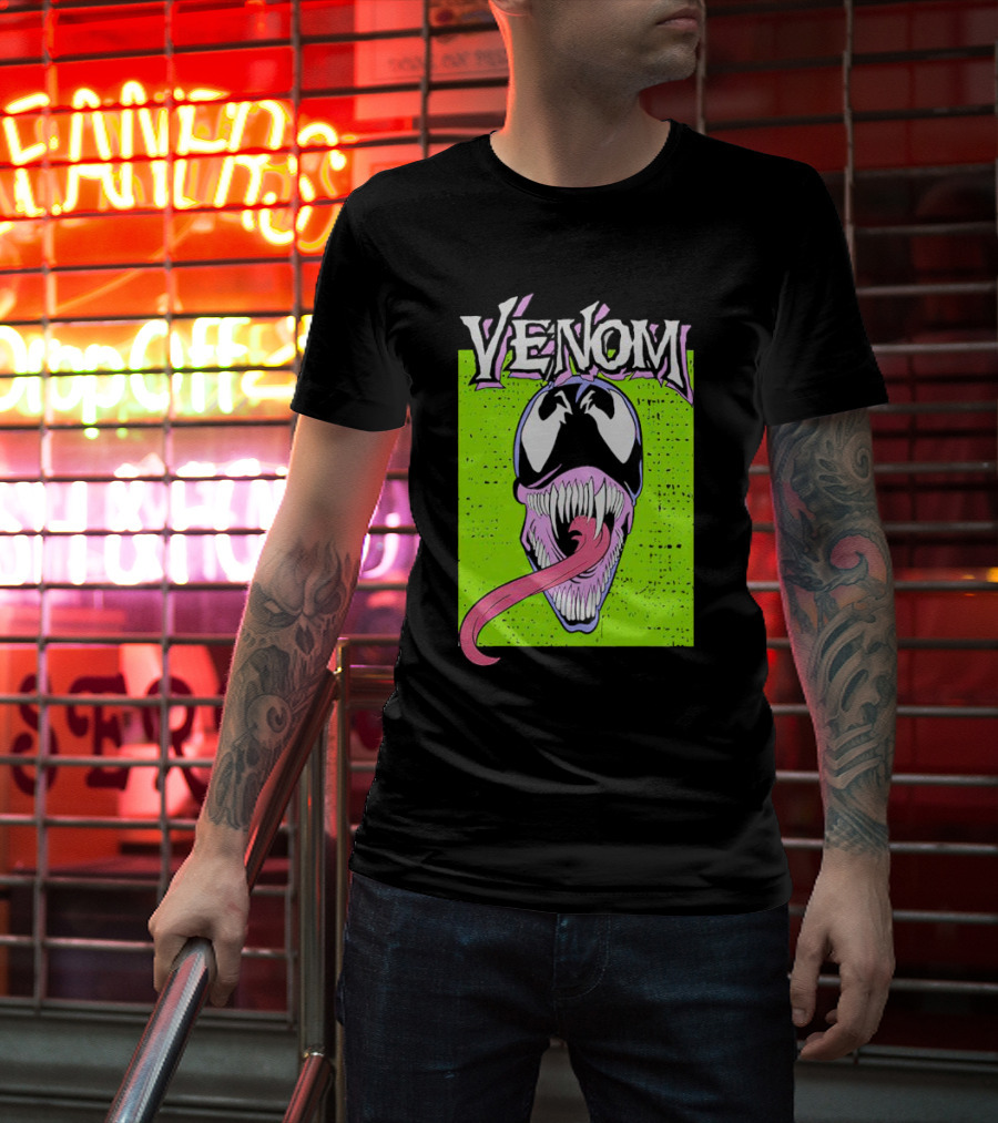 Venom Marvel Neon Pink Tongue Green Background T-Shirt