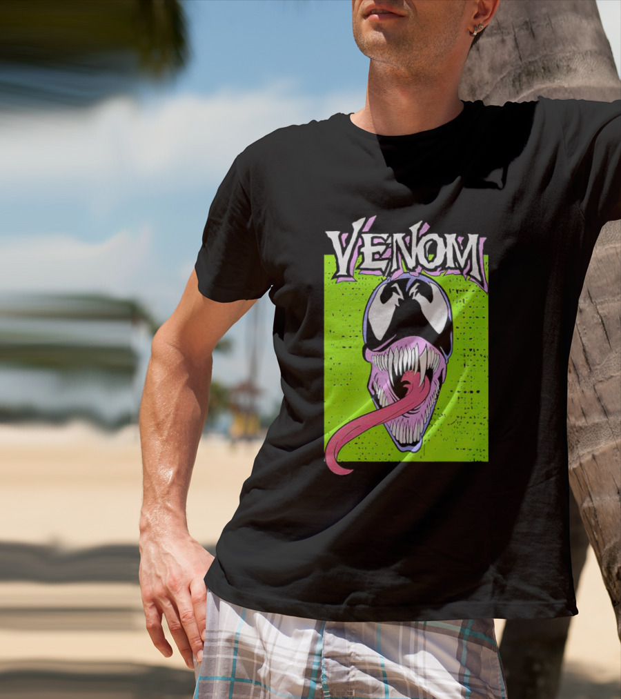 Venom Marvel Neon Pink Tongue Green Background T-Shirt