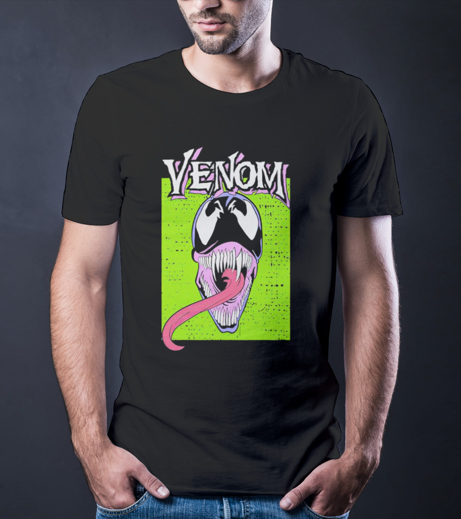 Venom Marvel Neon Pink Tongue Green Background T-Shirt
