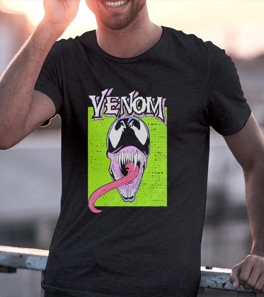 Venom Marvel Neon Pink Tongue Green Background T-Shirt