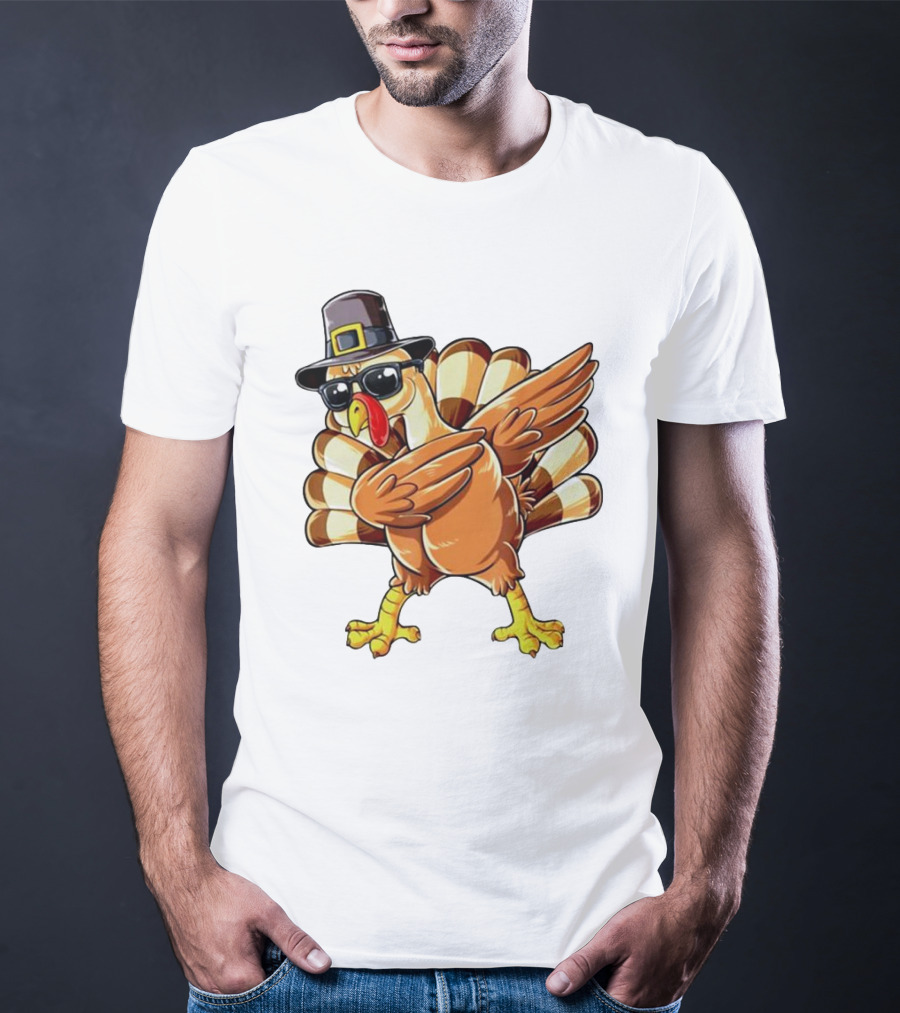 Thanksgiving Turkey Dabbing With Pilgrim Hat And Sunglasses T-Shirt