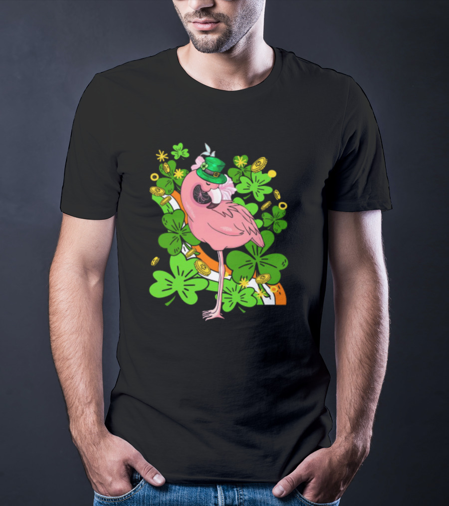 Flamingo St Patricks Day Pink Bird Shamrocks And Leprechaun Hat With Gold Coins T-Shirt