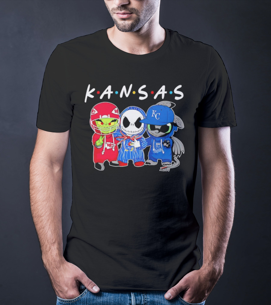 KANSAS Sports Characters Grinch Jack Skellington Toothless Chiefs Royals Jayhawks T-Shirt