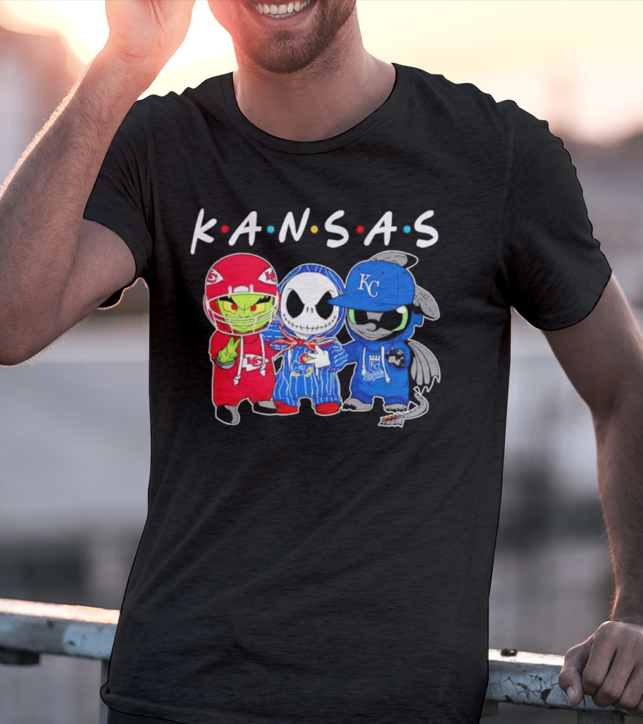 KANSAS Sports Characters Grinch Jack Skellington Toothless Chiefs Royals Jayhawks T-Shirt