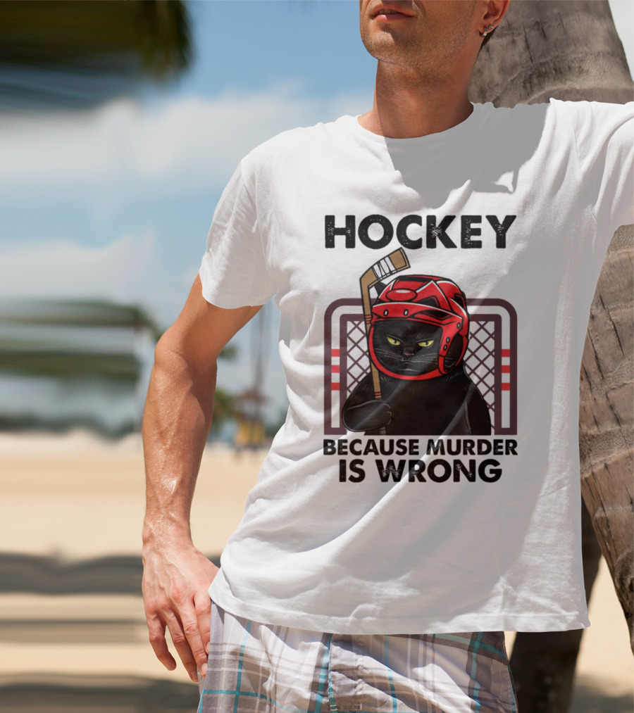 Hockey Cat In Red Helmet Because Murder Is Wrong T-Shirt