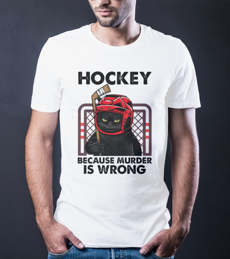 Hockey Cat In Red Helmet Because Murder Is Wrong T-Shirt