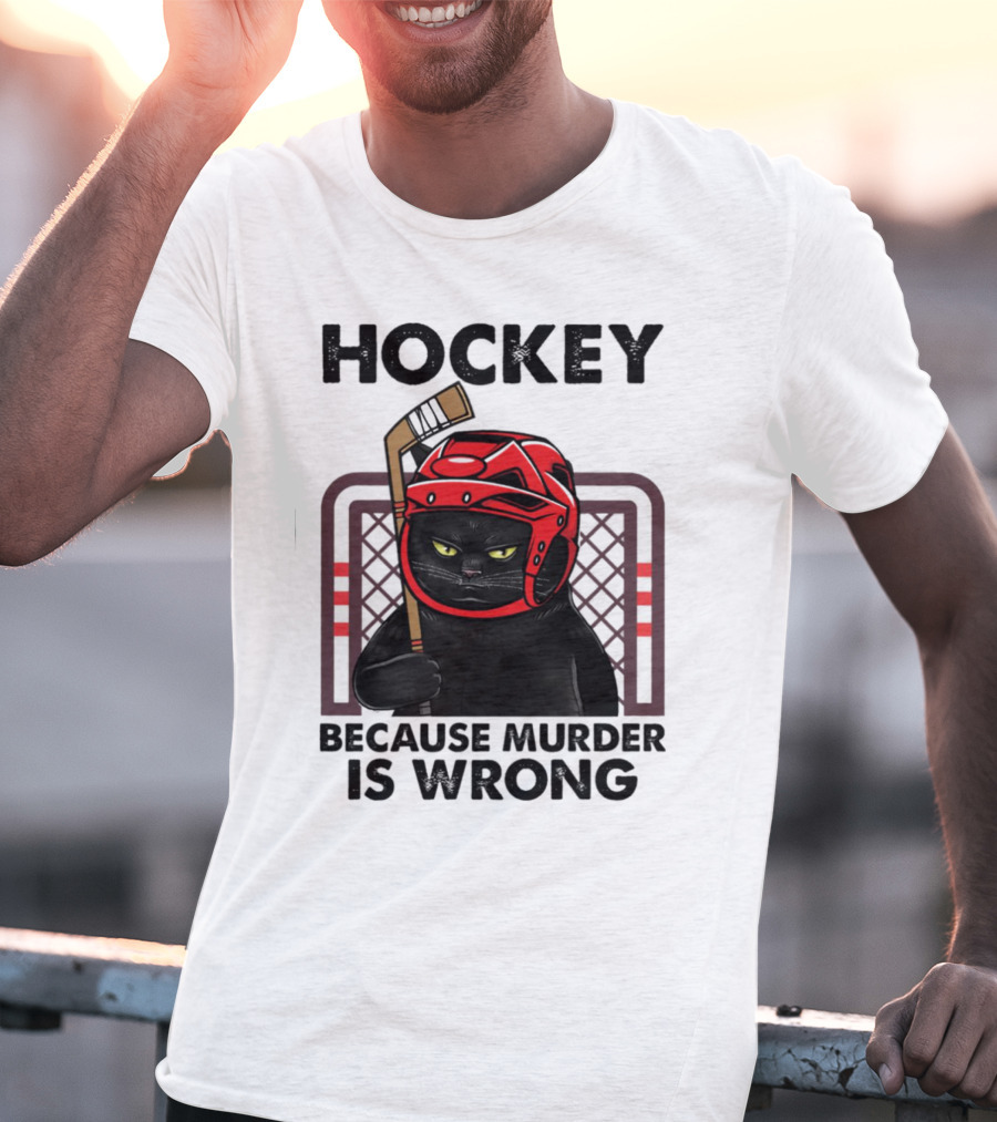 Hockey Cat In Red Helmet Because Murder Is Wrong T-Shirt