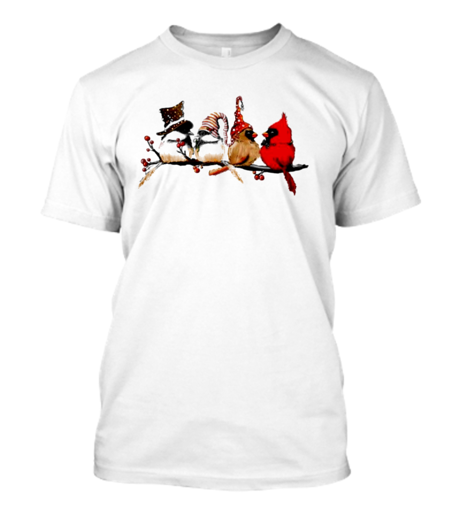 Cardinals Chickadees Christmas Birds On Branch With Festive Hats T-Shirt