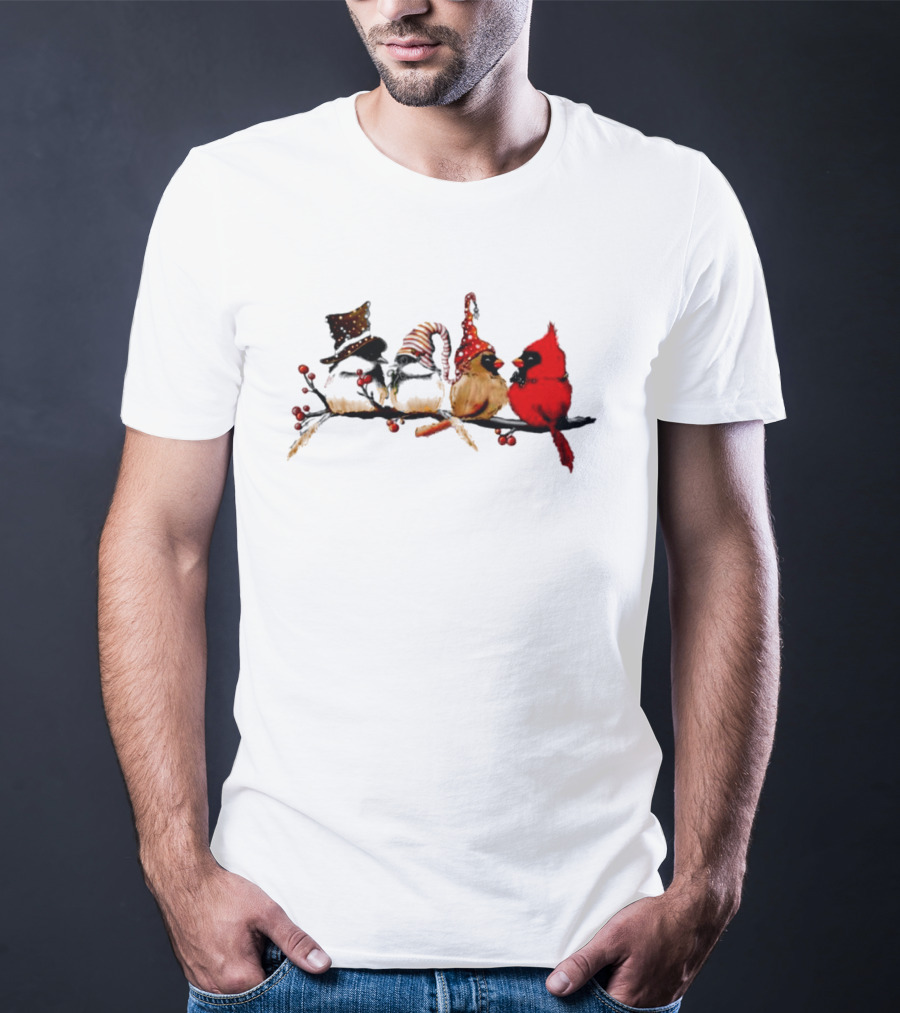 Cardinals Chickadees Christmas Birds On Branch With Festive Hats T-Shirt