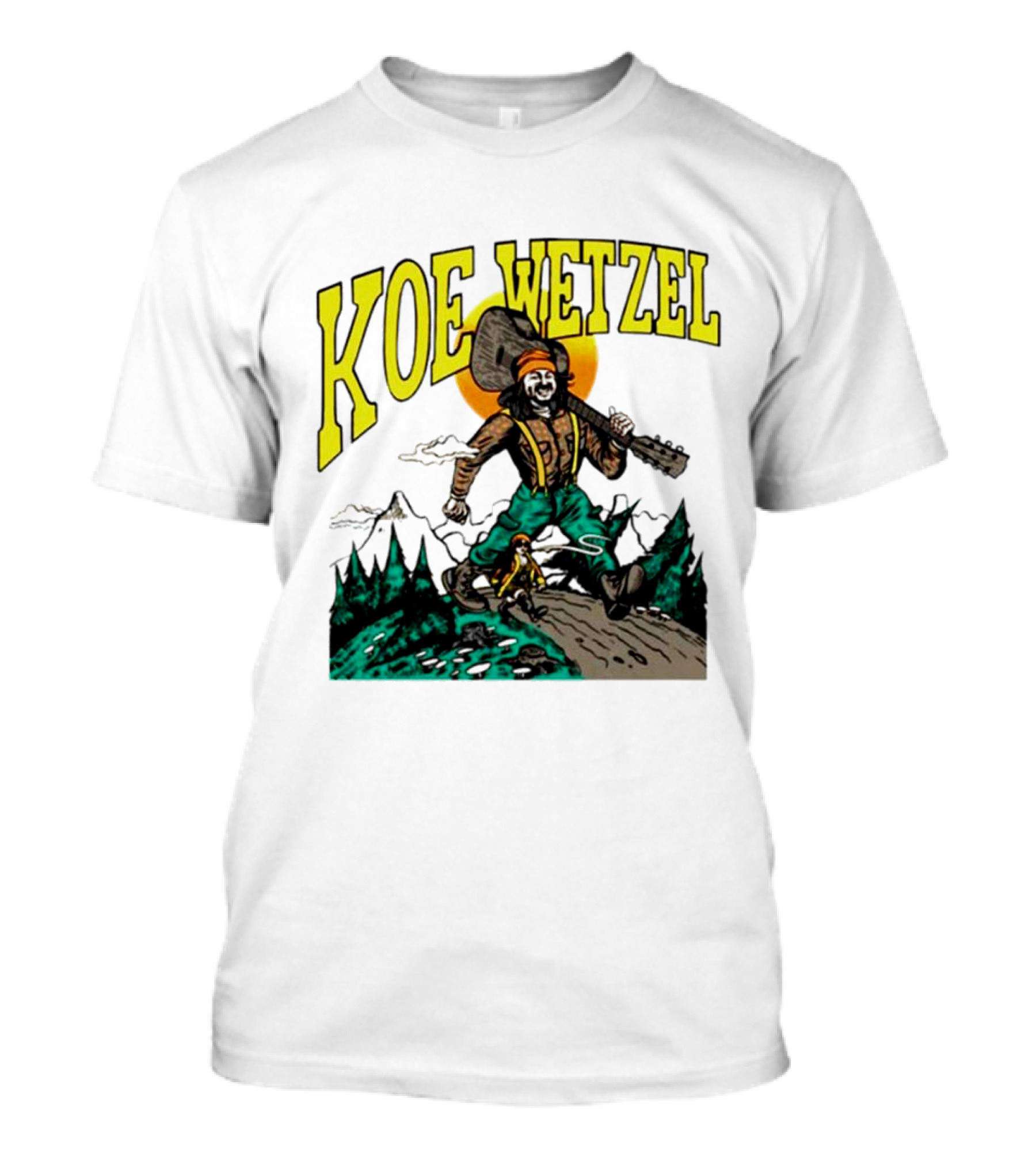 Koe Wetzel Koe Bunyan Lumberjack With Guitar And Dog In Mountain Scene T-Shirt