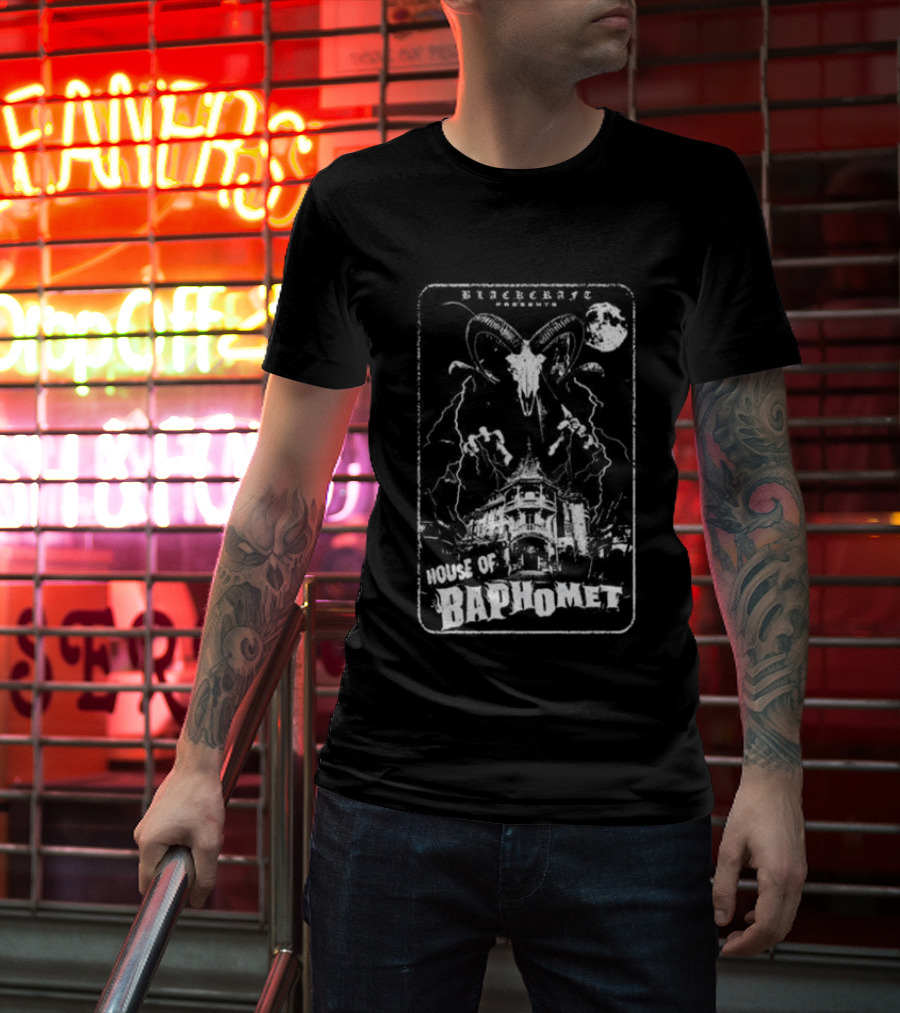 Blackcraft Cult Blackcraft Presents House Of Baphomet Goat Head Lightning Full Moon Dark T-Shirt