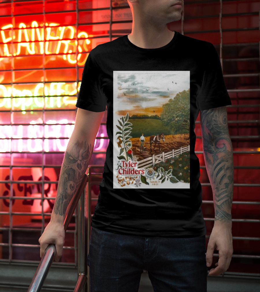Tyler Childers Nashville TN 4 18 23 Horse Farm Scene With Flowers T-Shirt