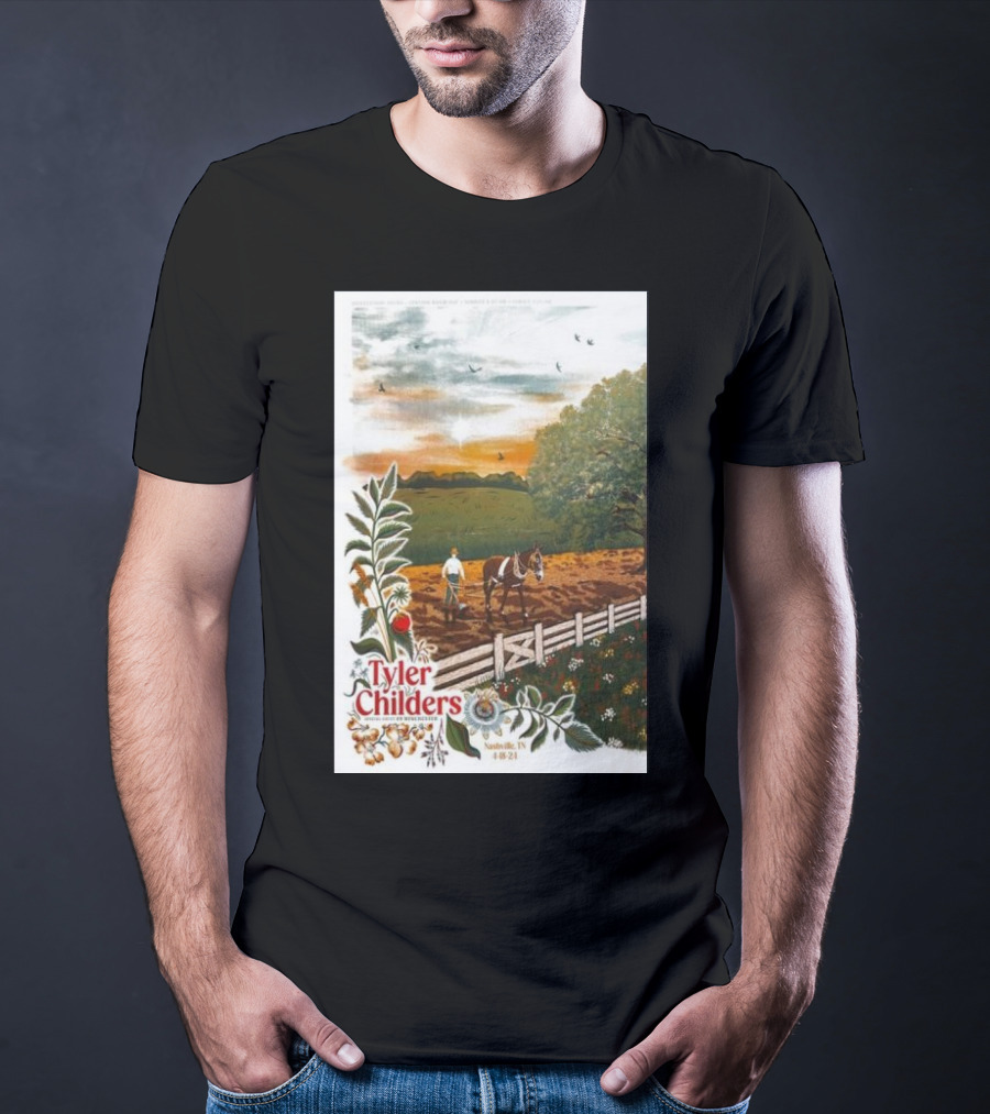 Tyler Childers Nashville TN 4 18 23 Horse Farm Scene With Flowers T-Shirt
