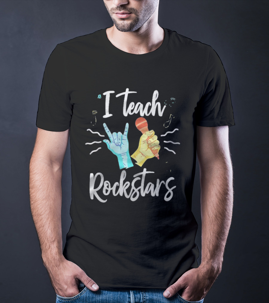 I Teach Rock Stars Music Teacher With Microphone And Rock Hand Gesture T-Shirt