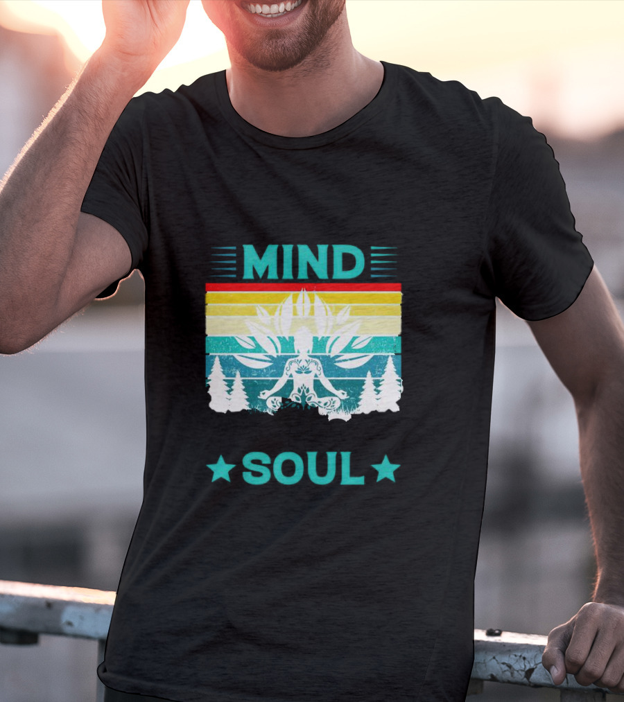 LOSE YOUR MIND FIND YOUR SOUL Yoga Meditation Retro Vintage Rainbow Pine Trees T-Shirt
